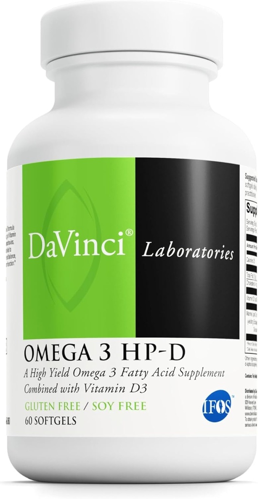 DAVINCI Laboratorios Omega 3 HP-D - Suplemento dietético para apoyar sistema inmunológico, articulaciones saludables y salud cardiovascular y de la piel* - con vitamina D3 y más - libre de gluten - 60 Softgels