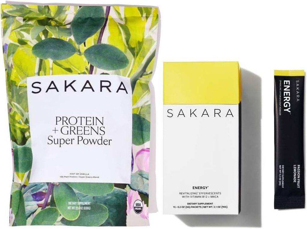 SAKARA Protein + Greens Super Powder & Energy Effervescent - Organic Protein Powder & Greens Powder, Refined Sugar Free Electrolytes Powder