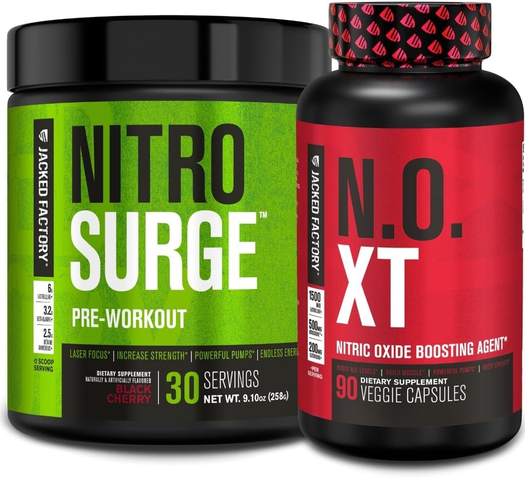 Nitrosurge Pre-Workout Jacked Factory en cereza negra &amp; N.O. XT Nitric Oxide Booster para hombres y mujeres