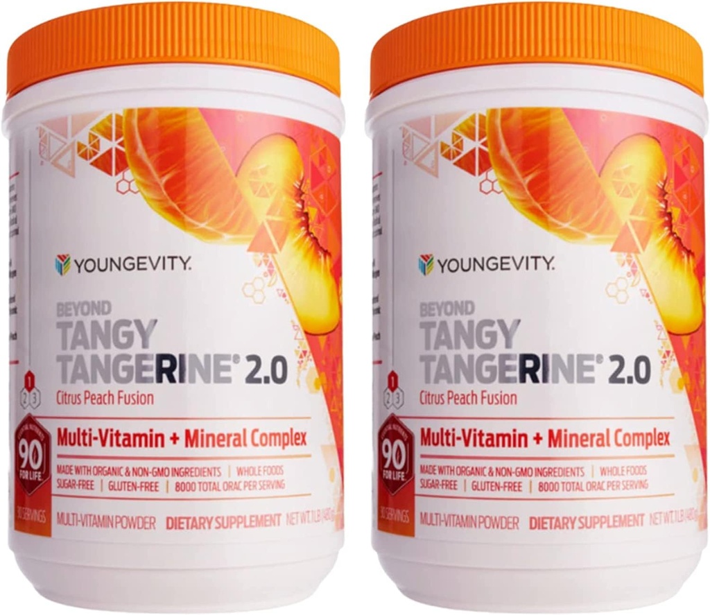 Youngevity Beyond Tangy Tangerine 2.0 Citrus Peach Ultimate Multi-Vitamin & Mineral Complex - Hecho con alimentos naturales y completos TEN 8.000 ORAC TEN 2 Canisters