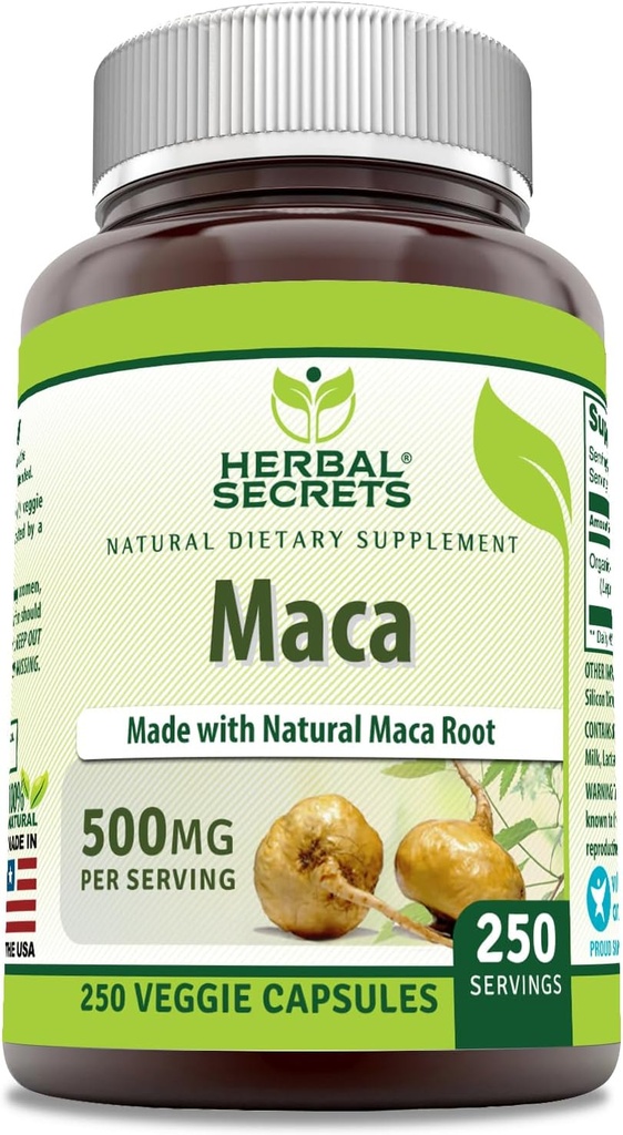 Herbal Secrets Maca 500mg 250 Veggie Capsules ← Non-GMO  Gluten Free ← Hecho en EE.UU.