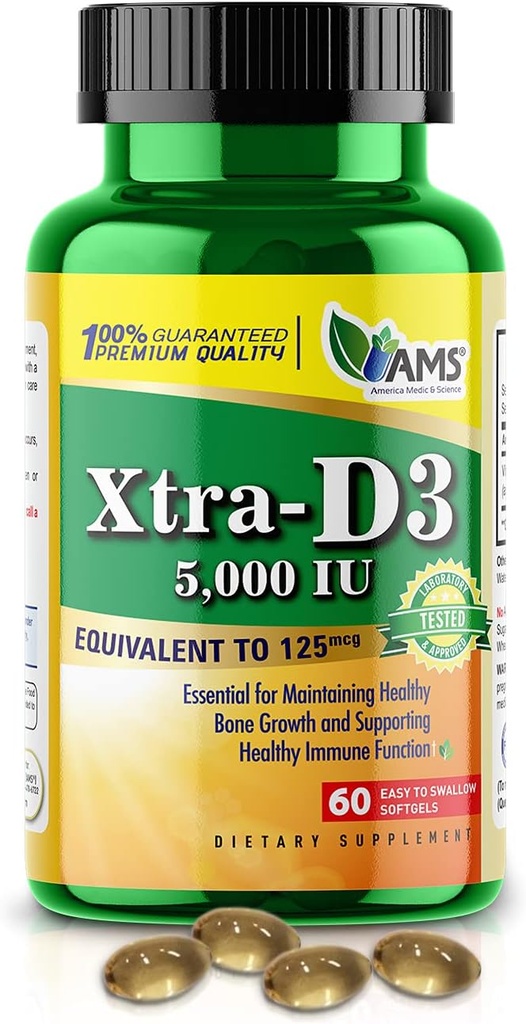 America Medic &amp; Science Xtra D3 Vitamina D 5,000 UI (125 mcg) Suplemento Cholecalciferol para Hombres &amp; Mujeres (60 Easy to Swallow Softgels) Mejor para Hueso, Salud del Corazón, Apoyo al Sistema Inmunitario, Función pulmonar