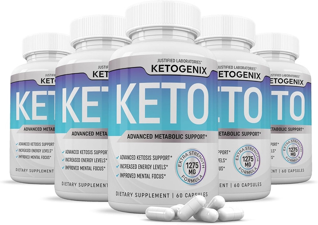 (5 Pack) Ketogenix Keto Pills 1275MG Nueva &amp; Mejorada Fórmula Contiene Apple Sider Vinegar Extra Virgin Olive Oil Powder Green Tea Leaf 300 cápsulas