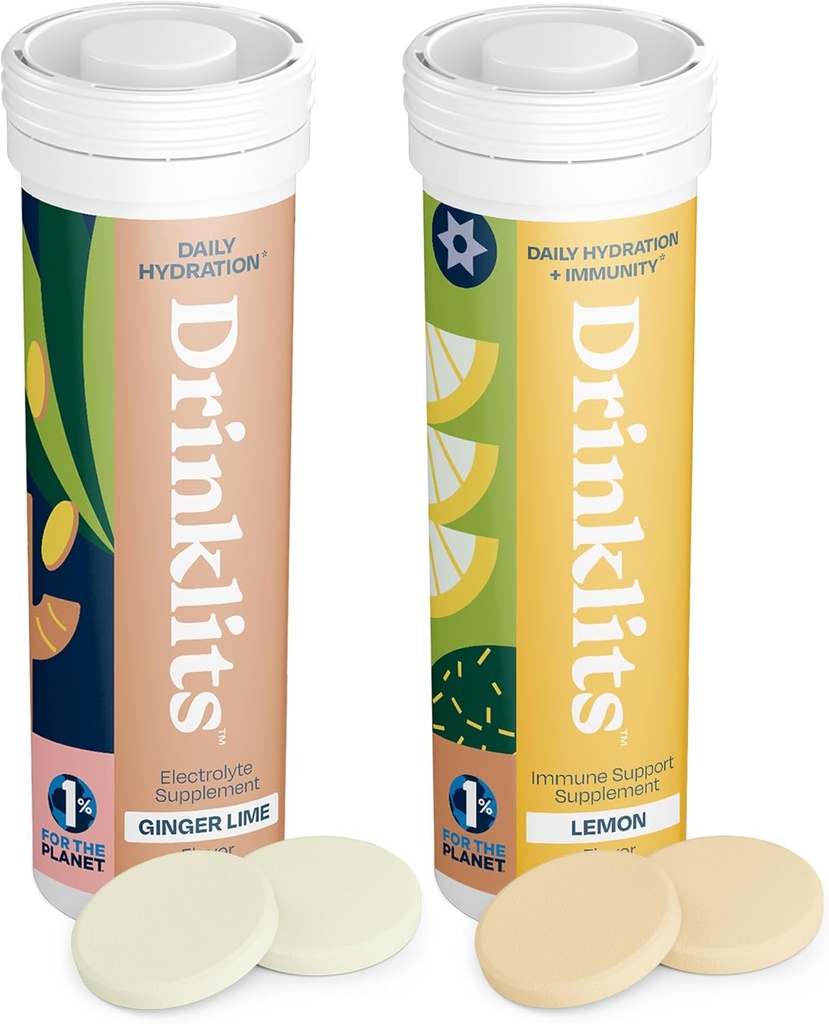 Drinklits Ginger-Lime Hydration & Lemon Immune Support (2) Tube Combo Pack | Great Taste – Daily Electrolytes – Essential Vitamins | 20 Servings (10 Tablets Per Tube)