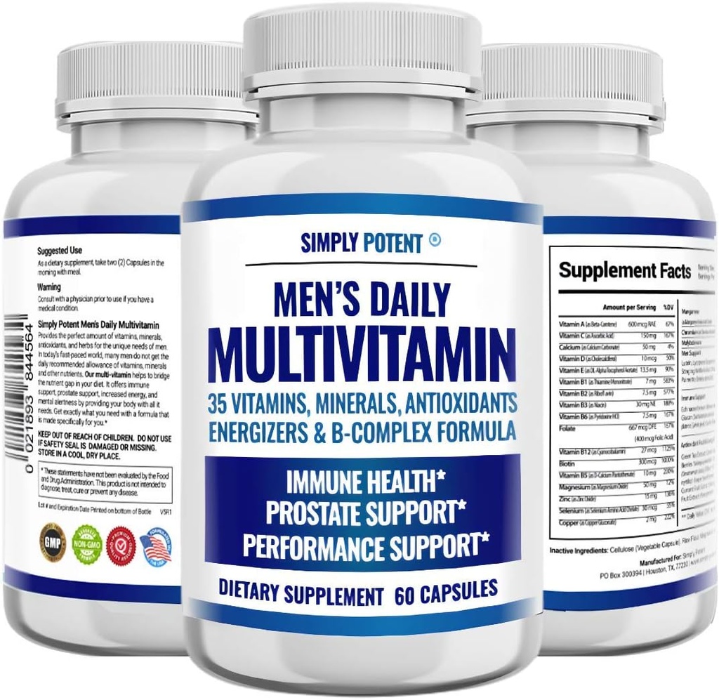 Simplemente Potent Daily Multivitamin for Men, 35 Vitaminas con Minerales & Antioxidante, Vitaminas A C D E, Biotin B12 Folate Zinc Magnesium & Saw Palmetto for Energy, Focus, Immune &amp; Prostate Health, 60