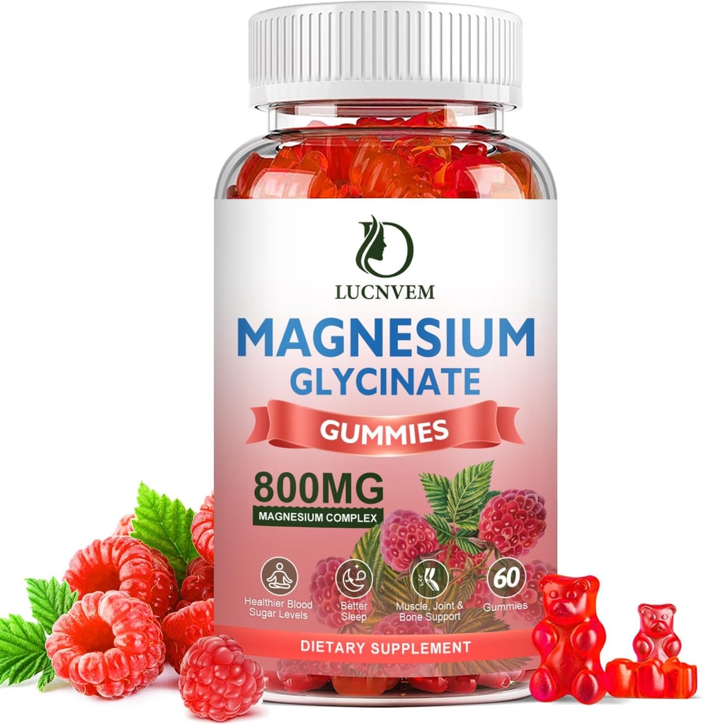 Azúcar Glycinate Glycinate Gummies, 500 mg Magnesium Glycinate con 200 mg Magnesium Malate, Taurate, Oxide, COQ10, Vitamina B6 y D3, Sleep & Calm Support, 60 Raspberry Gummies