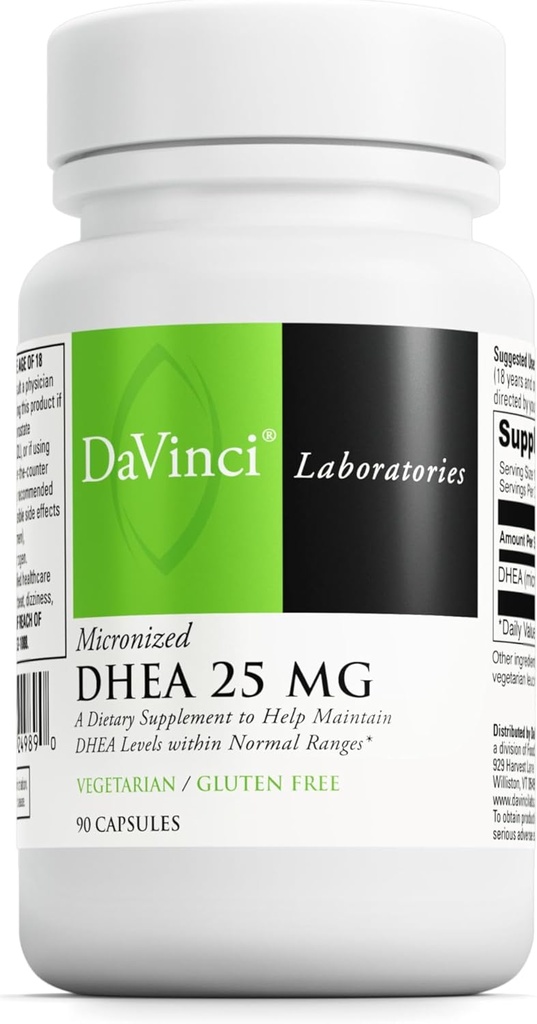 DAVINCI Laboratorios Micronizados DHEA 25 mg - Suplemento dietético para soportar el sistema inmunológico, la salud tiroidea y los niveles de hormonas saludables* - con 25 mg DHEA micronizada - libre de gluten - 90 cápsulas vegetarianas