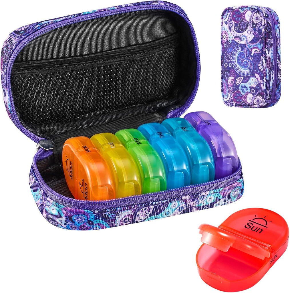 Serfeymi Organizador semanal de píldoras de viaje 2 veces al día AM Upgraded Rainbow Pill Box 7 Day with Portable Zipper Canvas Pill Case, Medicine Organizer for Pills, Vitamins, Fish Oils - Purple 01