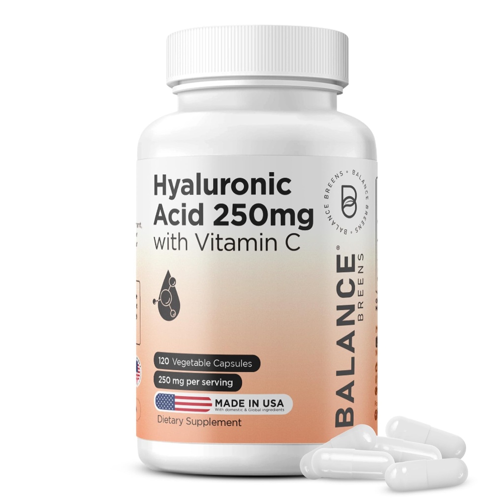 Suplemento de ácido hialurónico puro 250 mg con vitamina C 50mg, 120 cápsulas veganos - Hidratación de piel para flujo natural, cabello, uñas, bonificación &amp; fórmula de salud conjunta