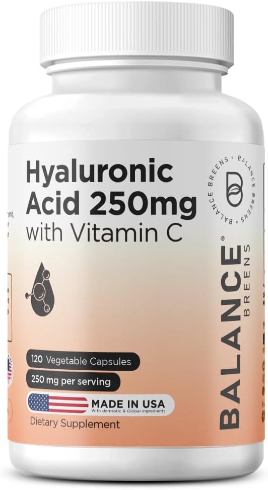 Suplemento de ácido hialurónico puro 250 mg con vitamina C 50mg, 120 cápsulas veganos - Hidratación de piel para flujo natural, cabello, uñas, bonificación &amp; fórmula de salud conjunta