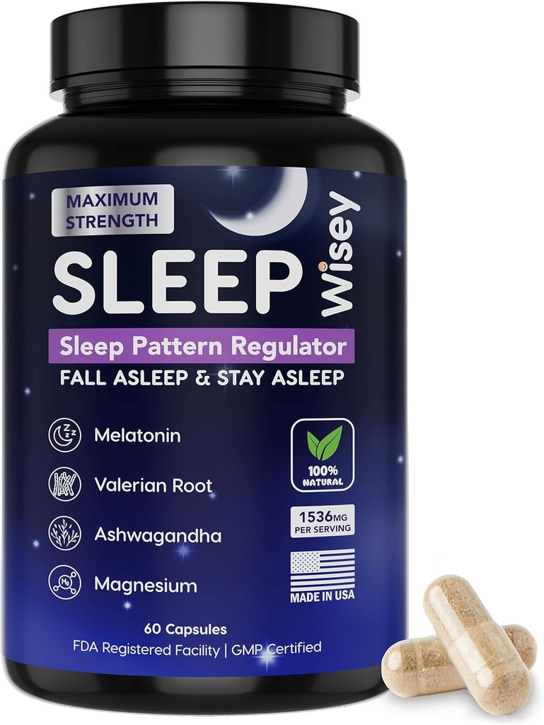 Wisey Natural Sleep Aid - Promueve el sueño saludable y la relajación - Herbal Sleep Supplement for Adults with Valerian, Melatonin, Magnesium, Ashwagandha - Non-Habit Forming - 60 cápsulas