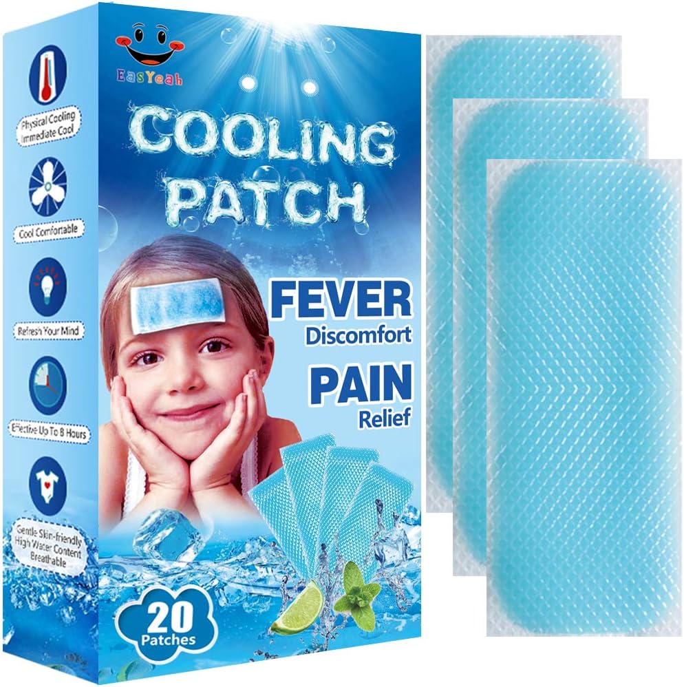 20 Hojas EasSí Patches de fiebre infantil para niños fiebre alivio del dolor, reducción de la fiebre del alivio de la refrigeración, dolor de cabeza calmado, paquete de 20