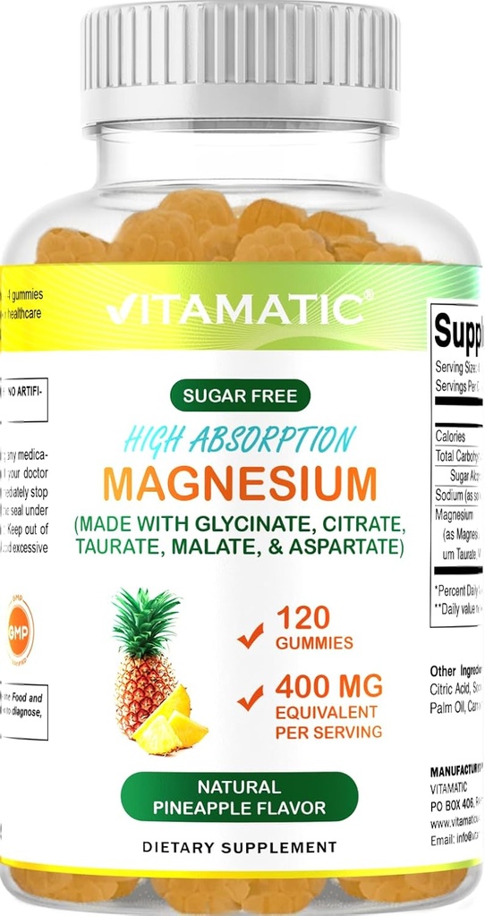 Vitamatic Sugar Free Magnesium Gummies - (Made with GLYCINATE, Citrate, TAURATE, Malate, " ASPARTATE) - 400 mg por Serving - 120 Gummies - Promotes Healthy Relaxation, Muscle, Bone, " Energy Support