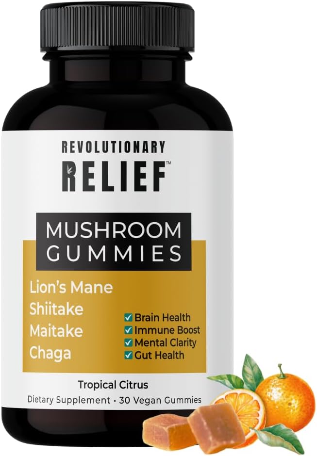 Adaptogenic 4-1 Mushroom Extract Gummies for Focus, Clarity & Immune Support・with Lion’s Mane, Shiitake, Chaga & Maitake・Vegan・Keto-Friendly・Tropical Citrus Flavor