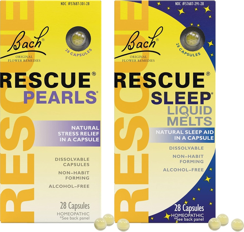 Stress & Sleep Bundle, Bach RESCUE Pearls, Natural Stress Relief [y] RESCUE Sleep Liquid Melts, Natural Sleep Aid - 2-Pk, Homeopathic Flower Essence