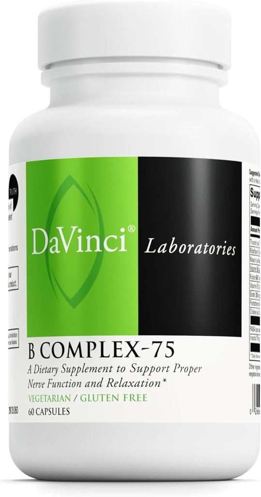 DAVINCI Labs B Complex-75 - Soportes Relajación y función adecuada del nervio* - Suplemento dietético con niacina, vitamina B6, B12, Biotina, Choline y Más - Vegetariano - Sin gluten - 60 cápsulas