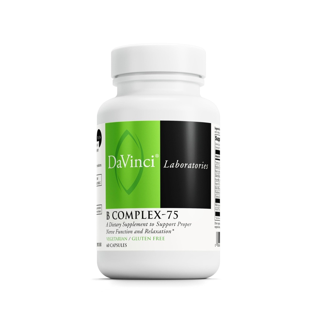 DAVINCI Labs B Complex-75 - Soportes Relajación y función adecuada del nervio* - Suplemento dietético con niacina, vitamina B6, B12, Biotina, Choline y Más - Vegetariano - Sin gluten - 60 cápsulas