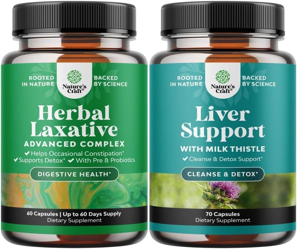 Bundle of Herbal Laxative Capsules with Probiotics and Liver Cleanse Detox & Repair Formula - Natural Colon Detox Digestive Support System - Herbal Liver Support Supplement with Milk Thistle