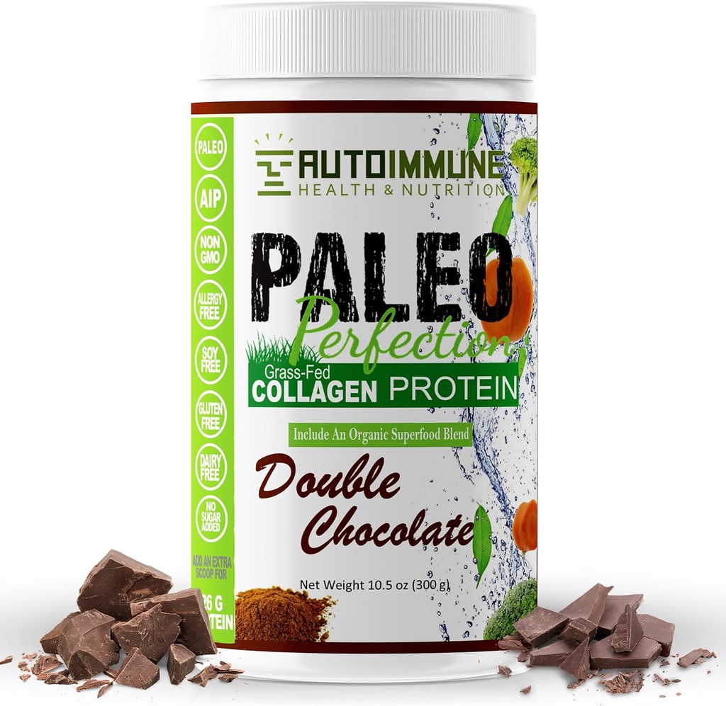 Paleo Perfection Doble Chocolate Grass Colágeno de carne de vaca con Stevia - Paleo, Keto, SCD, AIP Protein Powder con Apple Fiber, Carrot & Broccoli - Protein Powder &amp; Superfood Blend