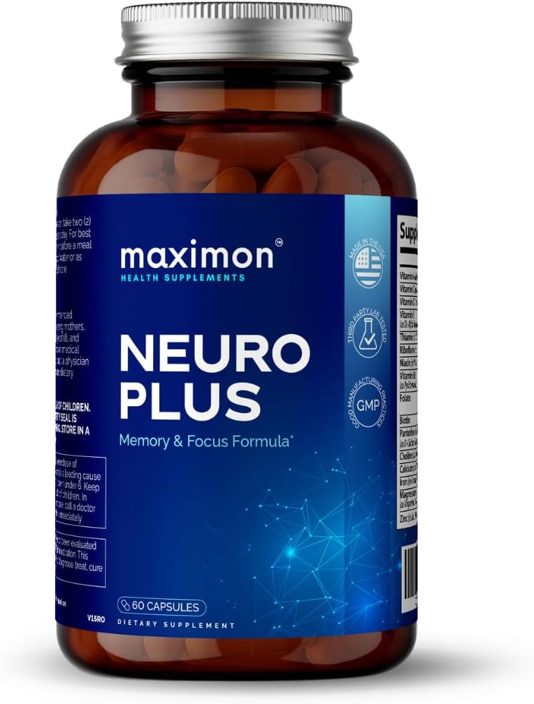 Neuro Plus Premium Nootropics, Cognitive Enhancement, Vitaminas para Memoria & Focus, Claridad Mental con Bacopa Extract, GABA, Huperzine A y DHA, 60 cápsulas