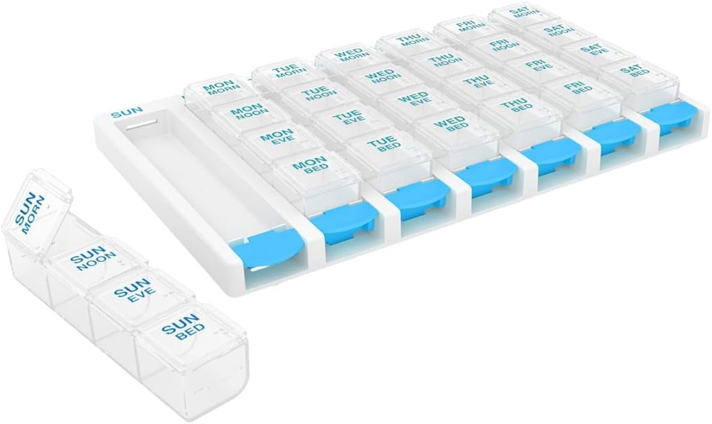 EZY DOSE semanal (7 días) 4 veces al día Empujar la píldora Organizador y Planificador de vitaminas, Removible Daily Pillboxes, Azul, Lids claros, Grande, BPA Gratis
