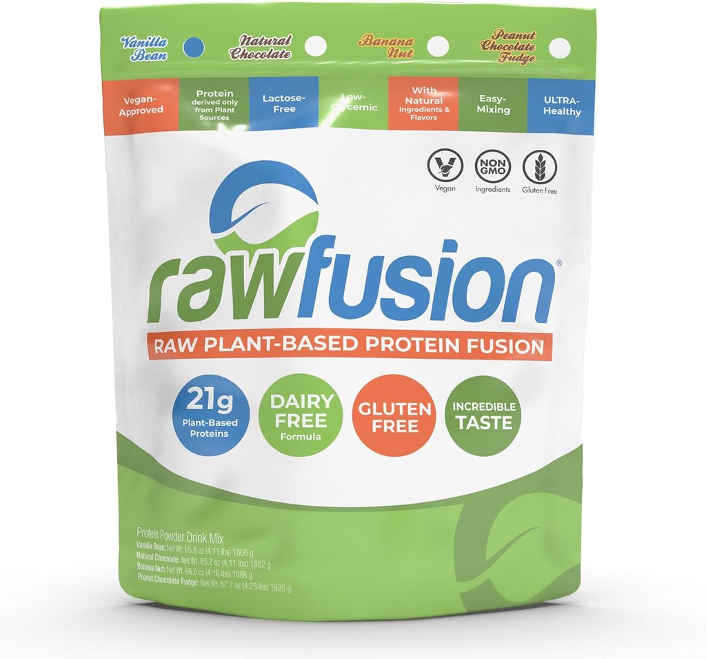 Rawfusion- Vegan Protein Powder, Vanilla Bean - 60 Servings 21g of Plant Based Protein, Low Net Carbs, Non-Dairy, Gluten/ Lactose Free, Soy Free, Kosher, Non-GMO, 4lbs Pound