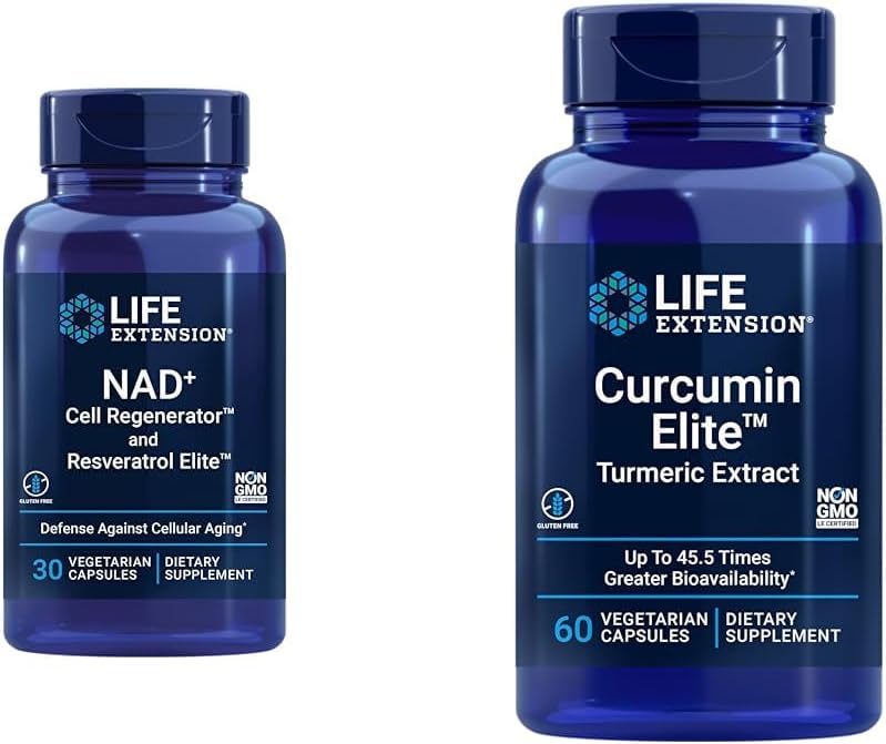 Life Extension NAD+ Regenerador celular y Resveratrol Elite, NIAGEN nicotinamide riboside & Curcumin Elite Turmeric Extract, promueve una respuesta inflamatoria saludable