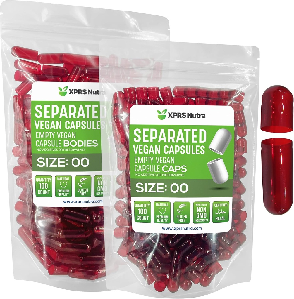 XPRS Nutra Vegan Tamaño 00 cápsulas separadas - 100 cápsulas de vacío premium de cuenta separadas en bolsas - 00 pastillas vacío para relleno de suplemento de bricolaje (Clear Rojo)