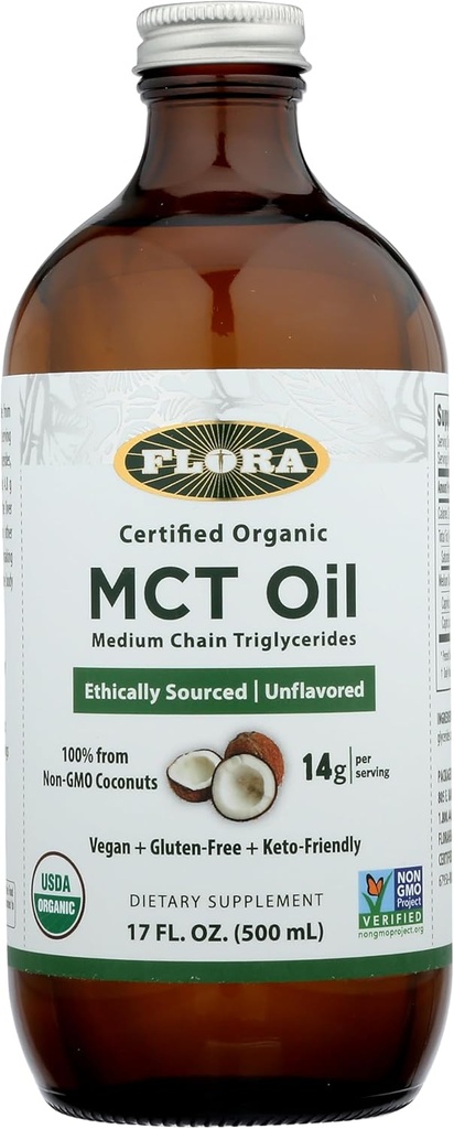 Flora Health MCT Oil Organic Energy Boost, C8 Caprylic & C10 Capric Acids, Keto, Kosher, Non-GMO Verified, 100% de Cocos de origen étnico y sostenible, 17 Fl Oz Liquid, Glass Bottle