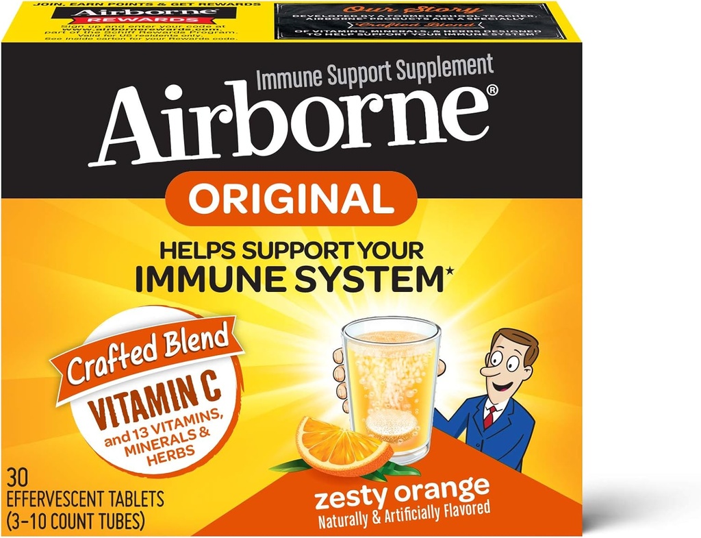 Airborne Zesty Orange Effervescent Tablets,1000mg de vitamina C - Immune Support Suplemento 30ea