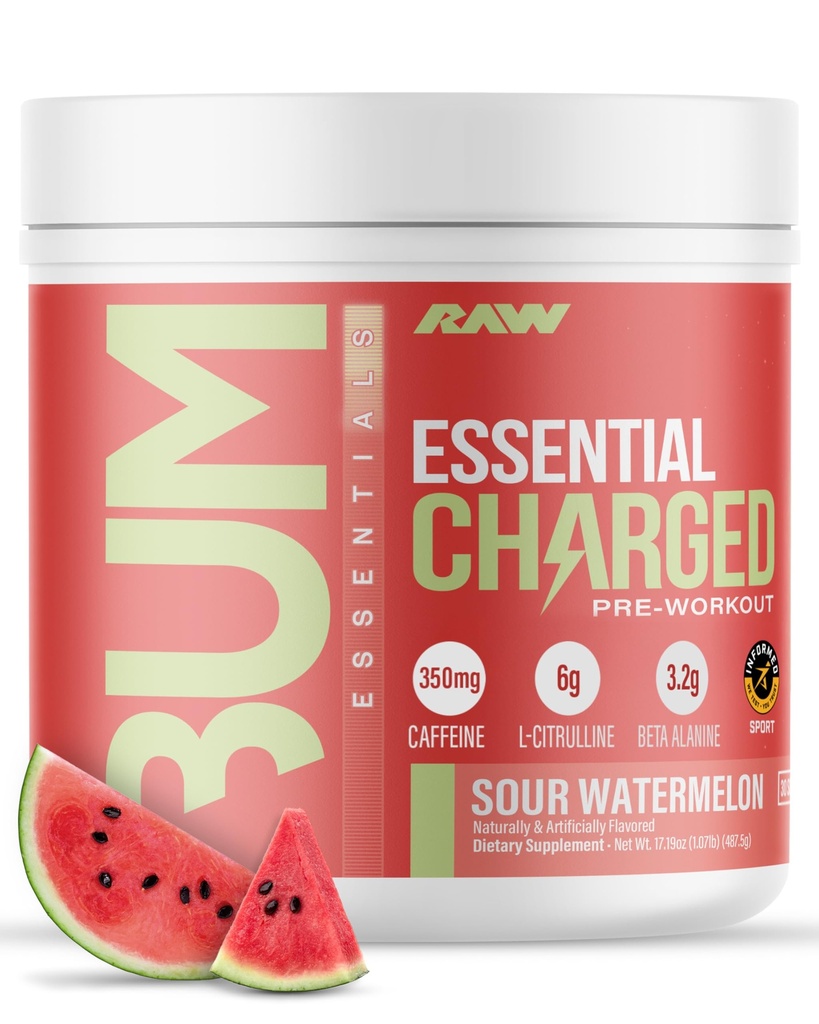 RAW Pre-Workout Powder, Essential CHARGED (Sour Watermelon) - Preworkout Supplement for Men &amp; Women - Supports Focus, Mood & Performance - Caffeine, Alpha-GPC, L-Citrulline, Beta Alanine (25 Servings)
