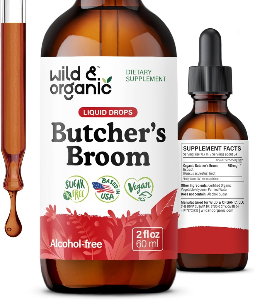 Wild &amp; Organic Butchers Broom Root Drops - Suplemento líquido para apoyo a las piernas - Alcohol Free Butcher's Broom Tincture - Ruscus Aculeatus Herb - Vegan, Non-GMO, No Sugar - 2 fl oz