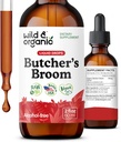 Wild &amp; Organic Butchers Broom Root Drops - Suplemento líquido para apoyo a las piernas - Alcohol Free Butcher's Broom Tincture - Ruscus Aculeatus Herb - Vegan, Non-GMO, No Sugar - 2 fl oz