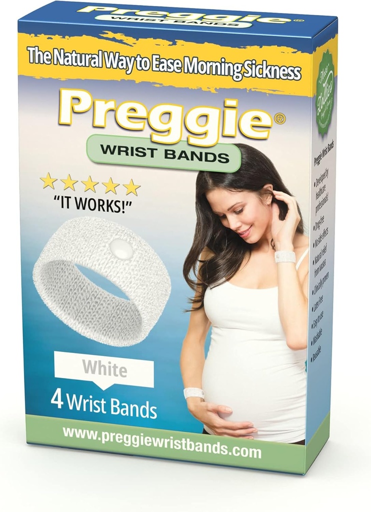 Preggie Anti-Nausea Wristbands – Morning Sickness Relief – Clinically Tested Nausea Relief Aid - Pregnancy Nausea Relief – Agupressure Wristband - Side Effect Gratis - 2 Parejas, Conjunto de 4 Bandas - White