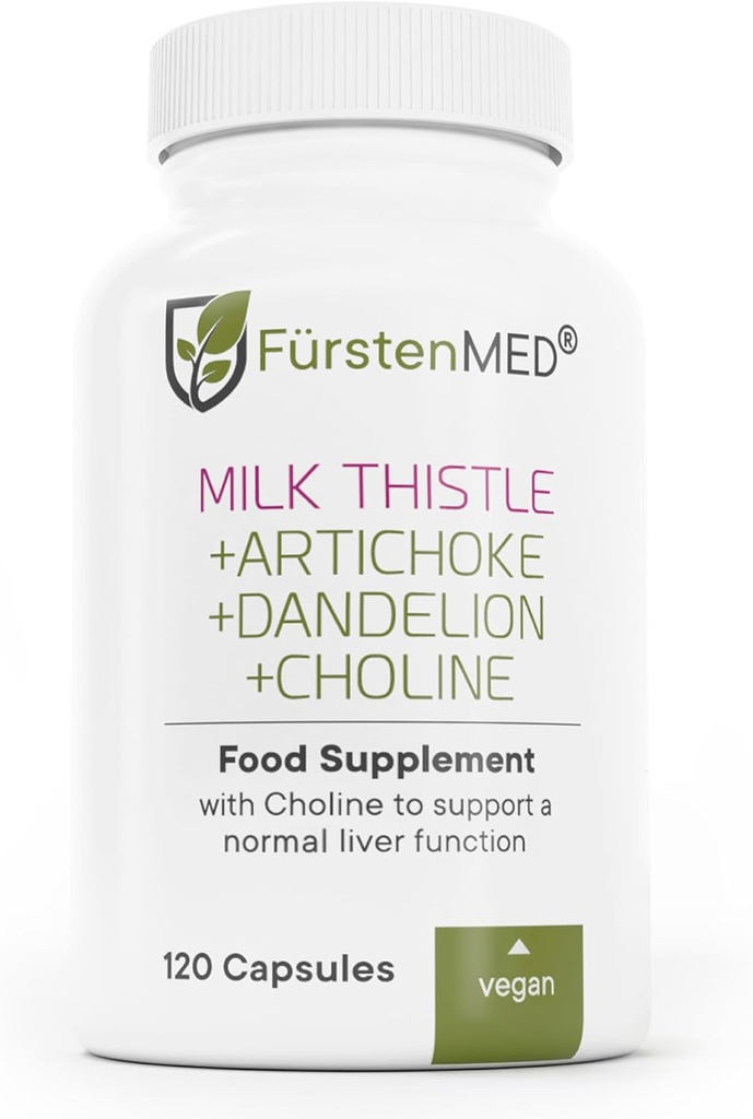 Esteto de leche FürstenMED con extracto de Artichoke, raíz de Dandelion " Choline - suplemento de salud normal del hígado - dosis altas con 80% Silymarin - soporte para hígado vegano - 120 cápsulas no GMO