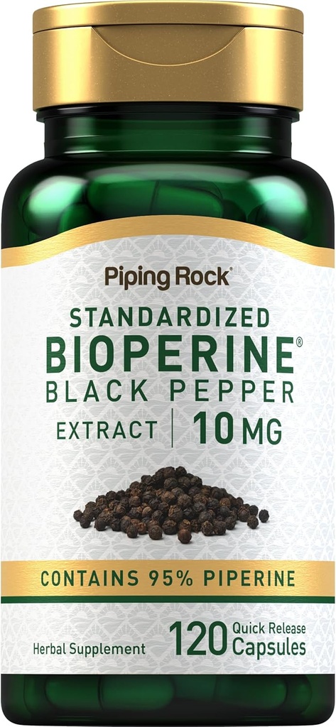 Piping Rock Bioperine Supplement 10mg | 120 Capsules | Black Pepper Extract | 95% Piperine | Gluten Free, Non-GMO