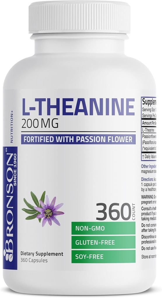 Bronson L-Theanine 200mg (Double-Strength) con la hierba de la flor de la pasión, suplemento de gestión libre de soja sin gluten, 360 cápsulas