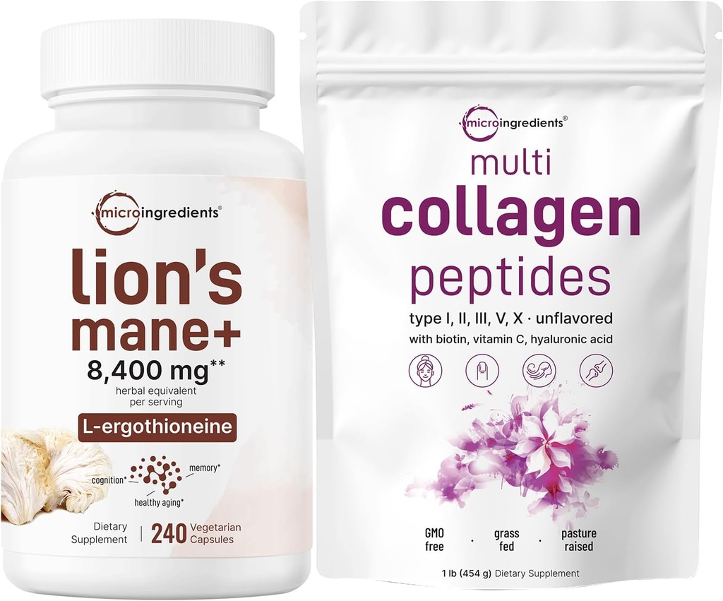 Micro Ingredientes Multi Collagen Protein Powder 16oz &amp; Lions Mane Suplemento 240 Veggie Capsules Bundle 2 Pack ← Peptides Grass-Fed Collagen ← Superfood Mushroom Antioxidantes con L-Ergothioneine