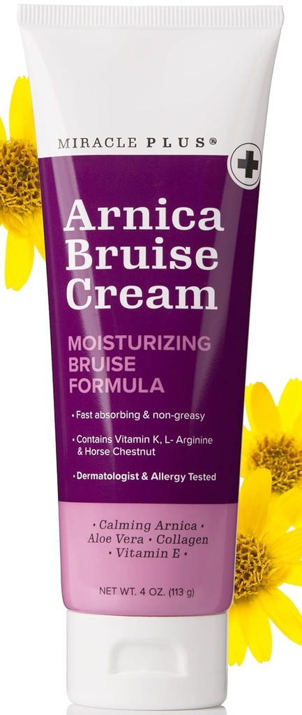Miracle Plus Arnica Cream Bruise Relief Lotion For Bruising And Swelling On Skin | Arnica Montana Extra Strength Vitamin K Cream | Moisturizing Formula Skin Care Gel With Horse Chestnut, 4 Fl Oz