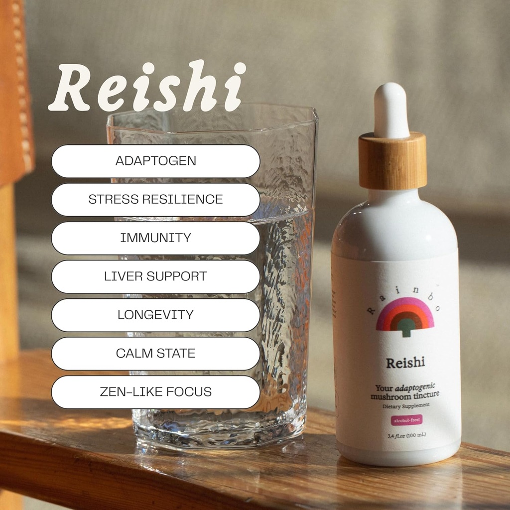 Rainbo - Reishi Mushroom Tintura - Alcohol Gratis - Doble Extract Mushroom Suplemento - Immune Support, Mood, Sleep, Liquid Reishi Supplement, Vegan, Non GMO, 3.4 fl oz