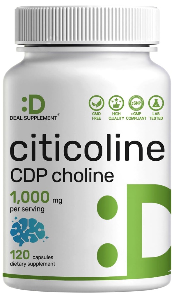 Citicoline CDP Choline, 1,000mg Per Serving, 120 Capsules – Extra Strength Choline Supplements – Nootropic B Vitamin Properties – Promotes Brain Health, Memory, & Focus – Non-GMO
