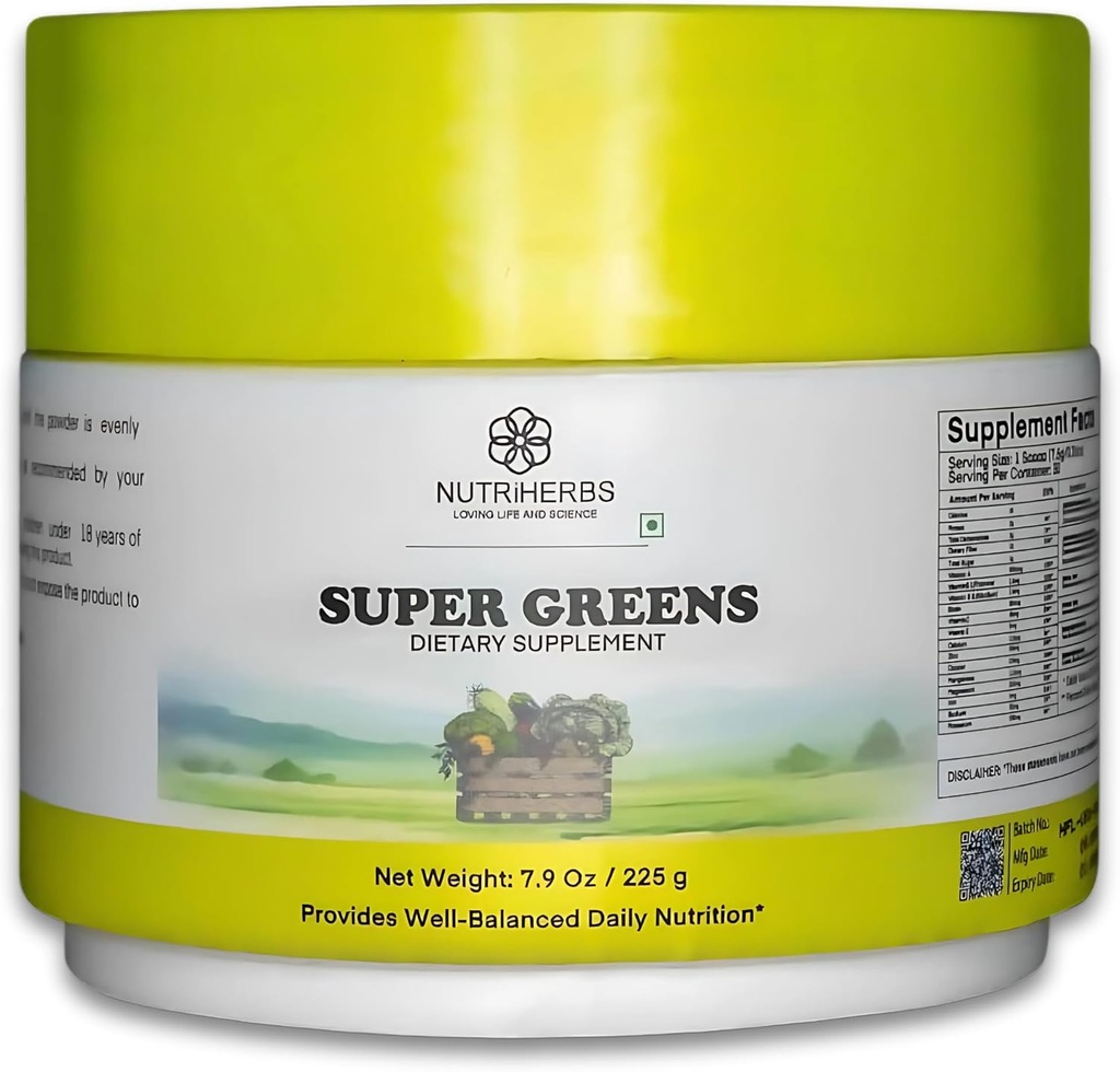 Nutriherbs Super Greens Powder - 225g peru 33 Nutrient-Rich Fruits, Vegetables " Probiotics for Enhanced Energy, Immunity " Digestion TEN Powerful Green Superfood Powder ← 30 Delicious Servings