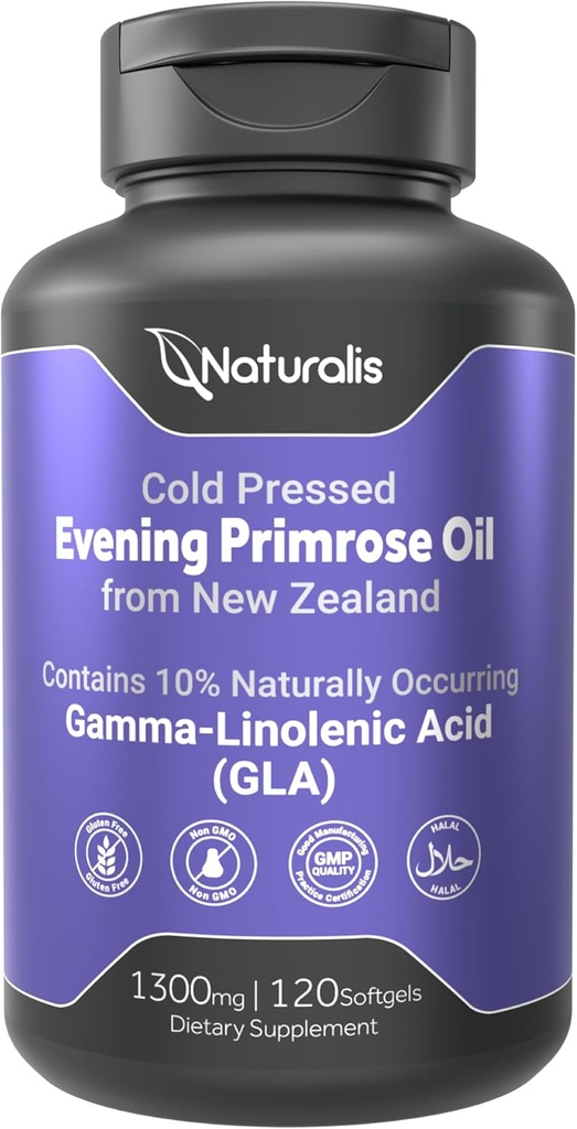 Naturalis Evening Primrose Oil (1300mg) ← 100% natural de Nueva Zelanda ← Non-GMO, Soy &amp; Gluten Free, Zero Filler TEN 120 Softgels