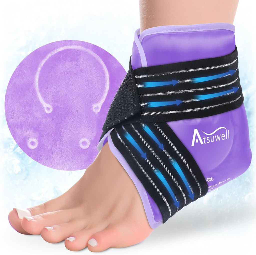 Atsuwell Ankle Ice Pack Wrap, Reusable Gel Ice Cold Packs para el tacón del pie del tobillo, Pie Ice Wrap con Soft Plush Lining, Cold Compress Therapy for Soothing Discomfort, Purple