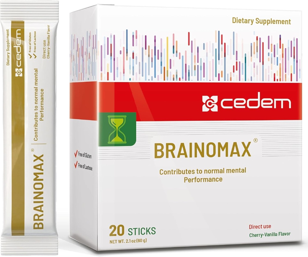 Suiza BRAINOMAX 20 Powder Sticks, Brain Booster Supplement, Cherry-Vanilla Flavor with Citicoline, N-Acetyl-L-Carnitine, Nootropic Brain Supplements for Memory and Focus, Cognitive Support