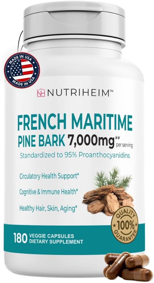 French Maritime Pine Bark Extract 7000mg with 95% Proanthocyanidins for Circulation, Heart Health, Skin, Cognitive Support - 20:1 Ratio & 180 Veggie Capsules - Non-GMO, Gluten-Free, Vegan-Friendly