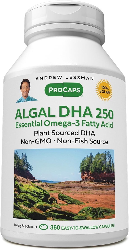 ANDREW LESSMAN Algal DHA 250mg 360 Softgels - Aceites de Omega-3 de base vegetal, Algas marinas naturales, alta DHA, no GMO, alta potencia, sin ascendencia de estómago, sin sabor a pescado. Pequeña Fácil de Tragar