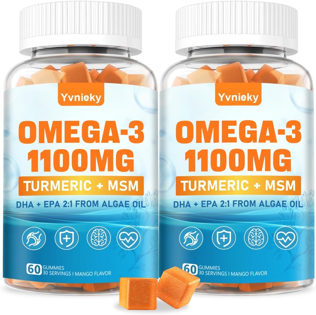 Vegan Omega 3 Suplemento Gummies 1100m para adultos - DHA 680mg &amp; EPA 340mg con Turmérico, MSM, Vitamina C, E, D3, Zinc - Algae Fish Oil Alternative
