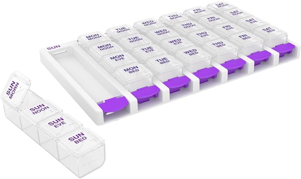 EZY DOSE semanal (7 días) 4 veces al día Empujar la píldora Organizador y Planificador de vitaminas, Removible Daily Pillboxes, Púrpura, Lids claros, pequeños