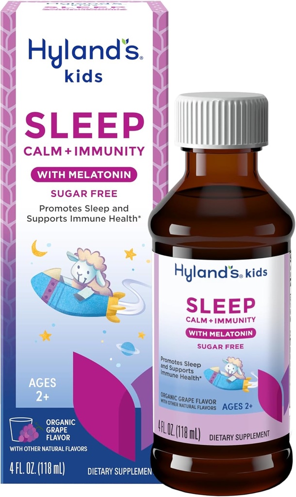 Hiland's Kids Sleep Calm &amp; Immunity with Melatonin, Sugar-Free Sleep Aid Liquid with Magnesium, Vitamin D, Zinc &amp; Elderberry, Promotes Sleep &amp; Supports Immune Health, Ages 2+, Grape Flavor, 4 Fl. Oz.